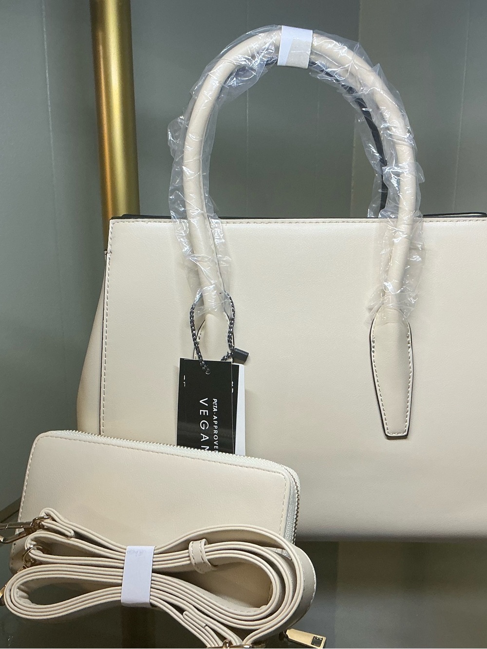 Cream and Orange Structured Top-Handle Satchel with Detachable Strap - Picture 2 of 4